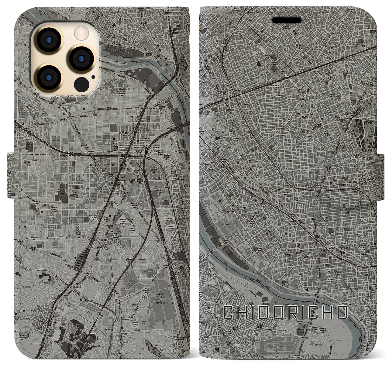 【千鳥町(東京都)】地図柄iPhoneケース(手帳タイプ)モノトーン・iPhone 12 Pro Max 用