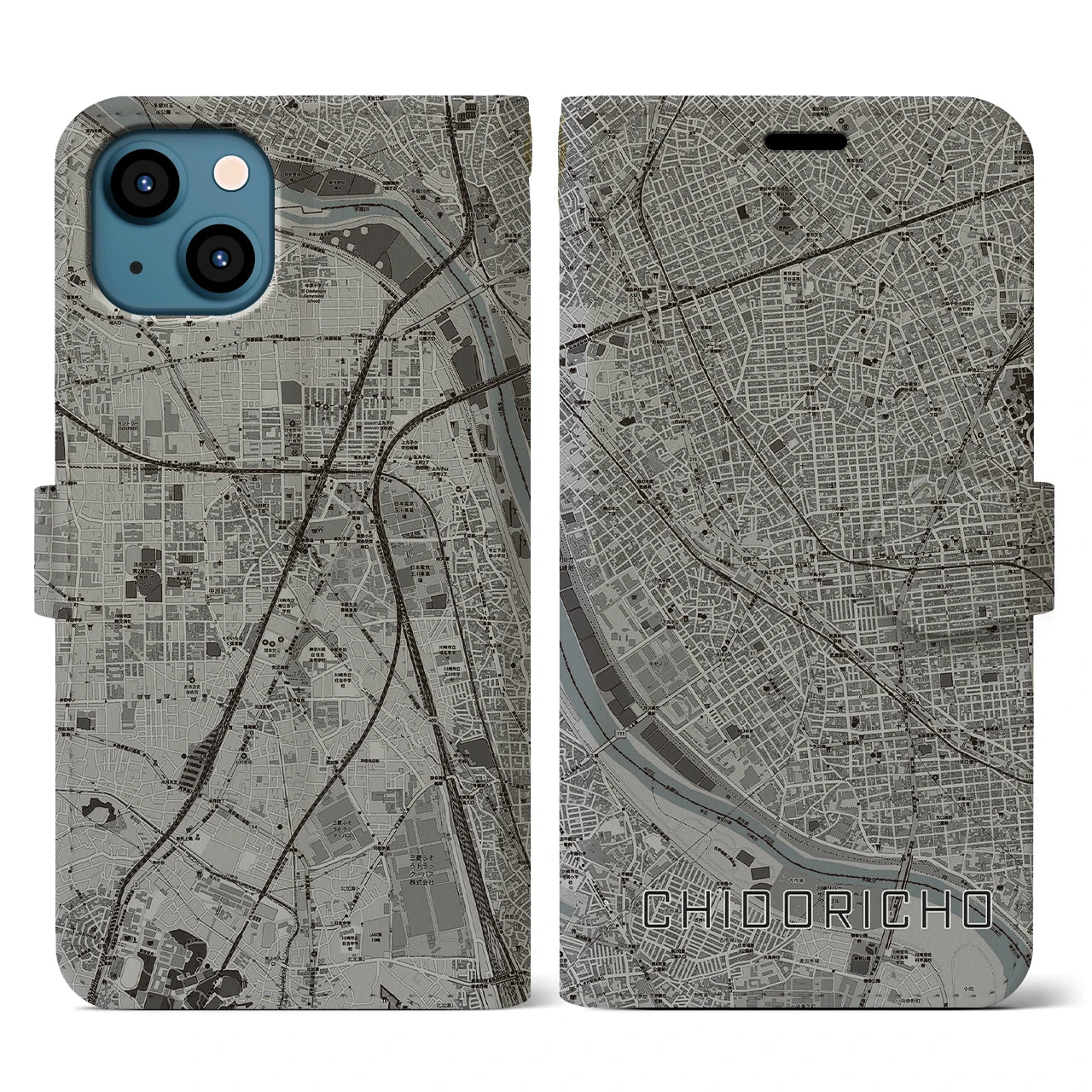 【千鳥町(東京都)】地図柄iPhoneケース(手帳タイプ)モノトーン・iPhone 13 用