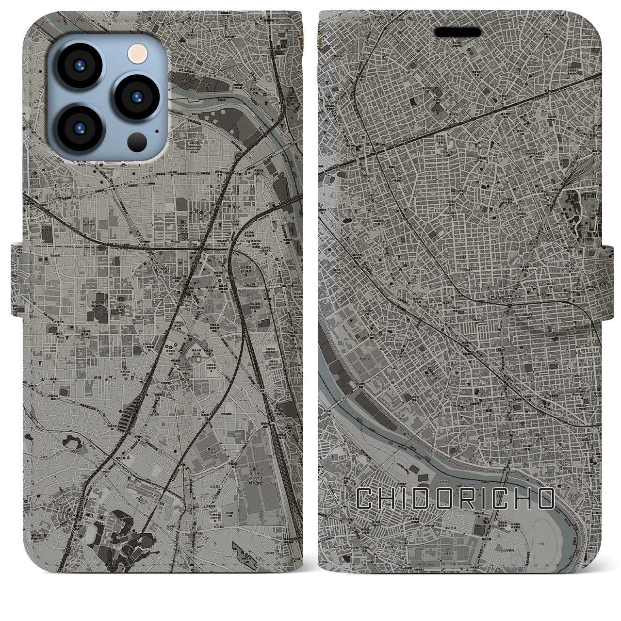 【千鳥町(東京都)】地図柄iPhoneケース(手帳タイプ)モノトーン・iPhone 13 Pro Max 用
