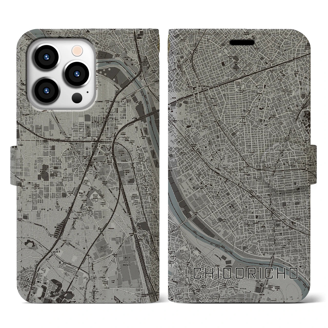 【千鳥町(東京都)】地図柄iPhoneケース(手帳タイプ)モノトーン・iPhone 13 Pro 用