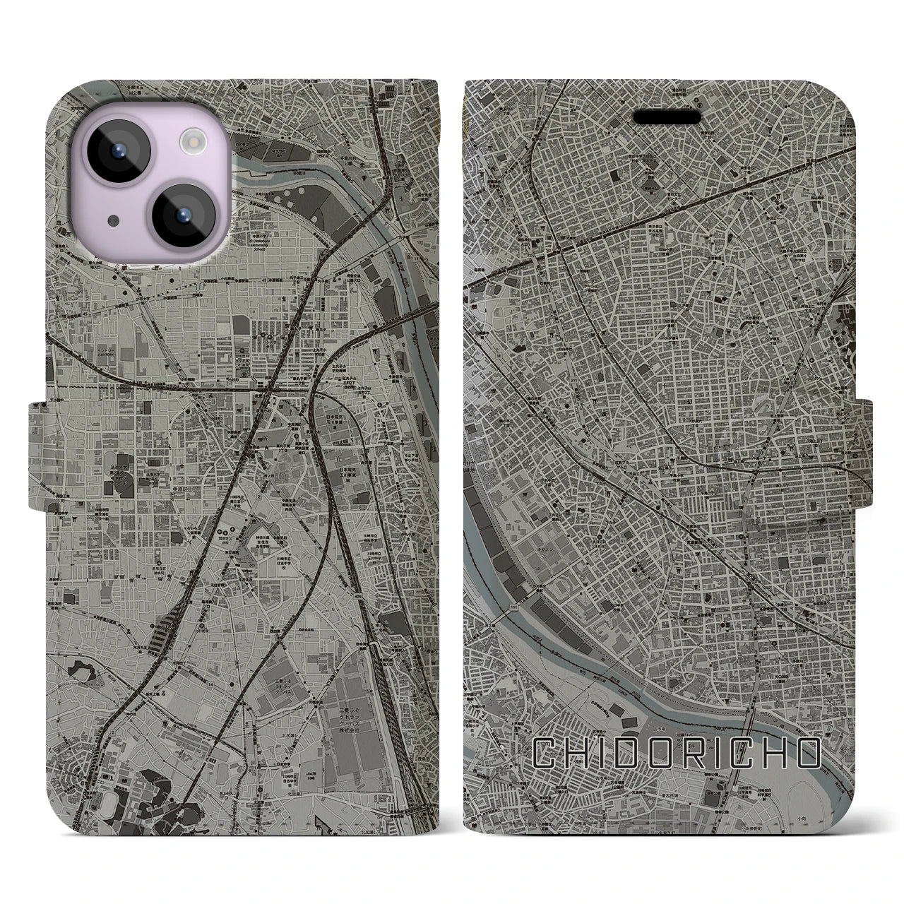 【千鳥町(東京都)】地図柄iPhoneケース(手帳タイプ)モノトーン・iPhone 14 用