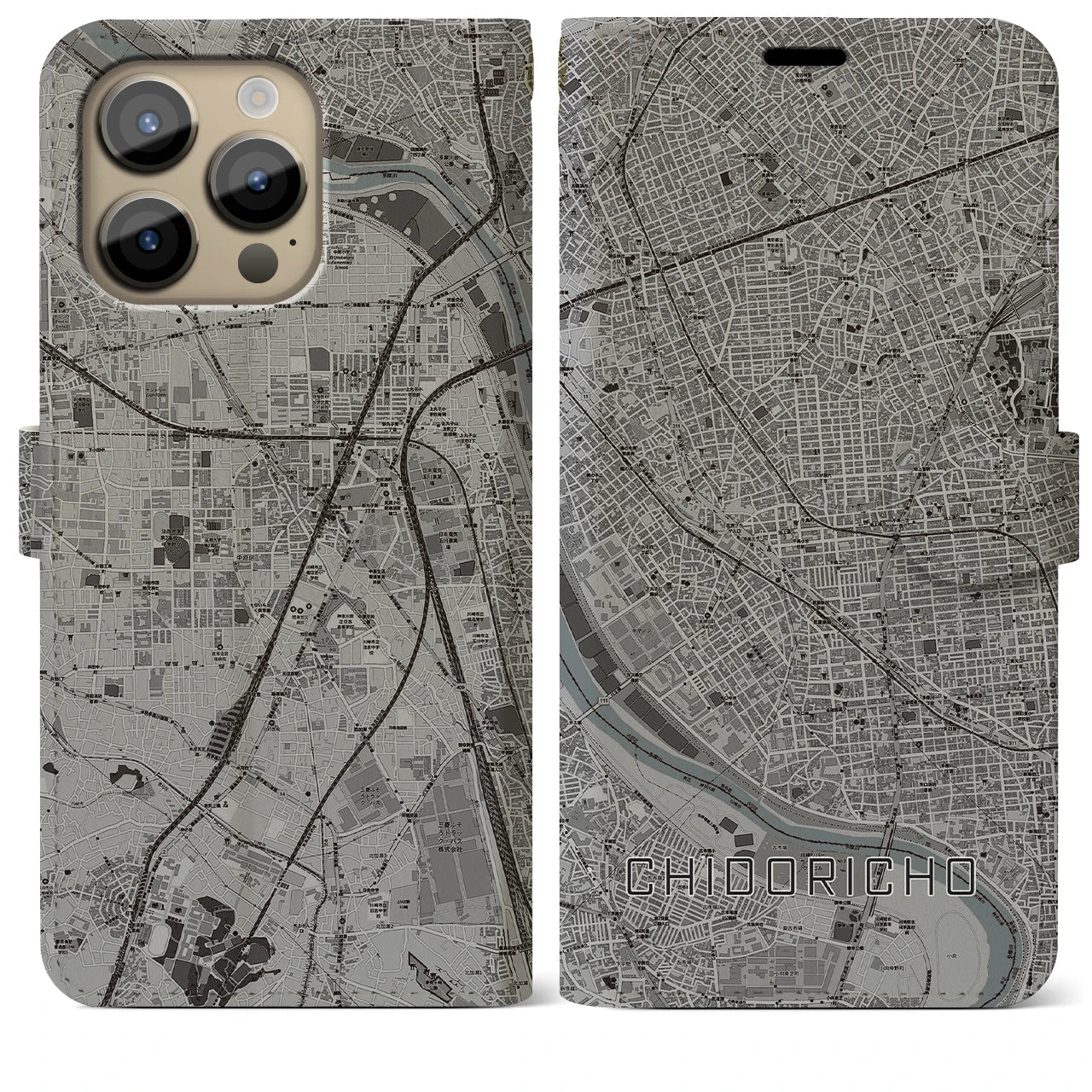【千鳥町(東京都)】地図柄iPhoneケース(手帳タイプ)モノトーン・iPhone 14 Pro Max 用