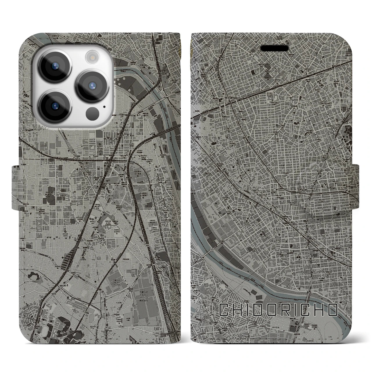 【千鳥町(東京都)】地図柄iPhoneケース(手帳タイプ)モノトーン・iPhone 14 Pro 用