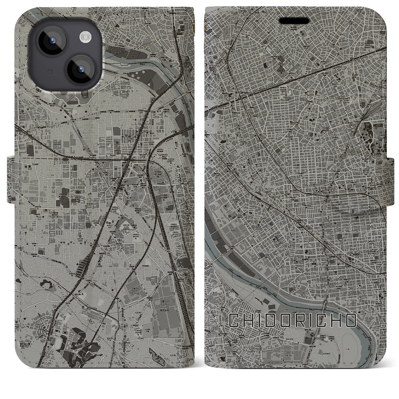 【千鳥町(東京都)】地図柄iPhoneケース(手帳タイプ)モノトーン・iPhone 14 Plus 用