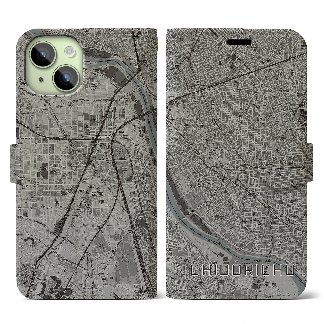 【千鳥町(東京都)】地図柄iPhoneケース(手帳タイプ)モノトーン・iPhone 15 用