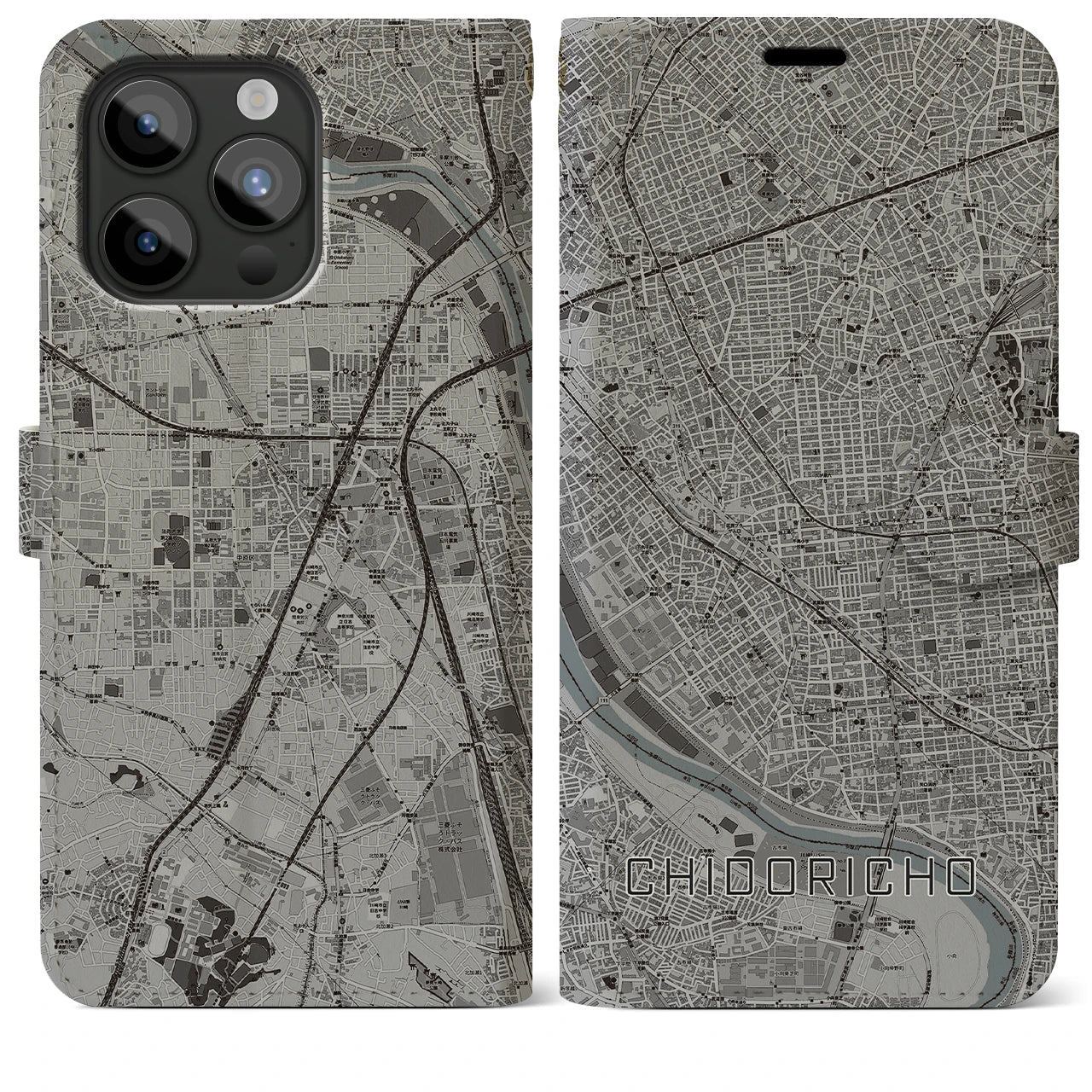 【千鳥町(東京都)】地図柄iPhoneケース(手帳タイプ)モノトーン・iPhone 15 Pro Max 用