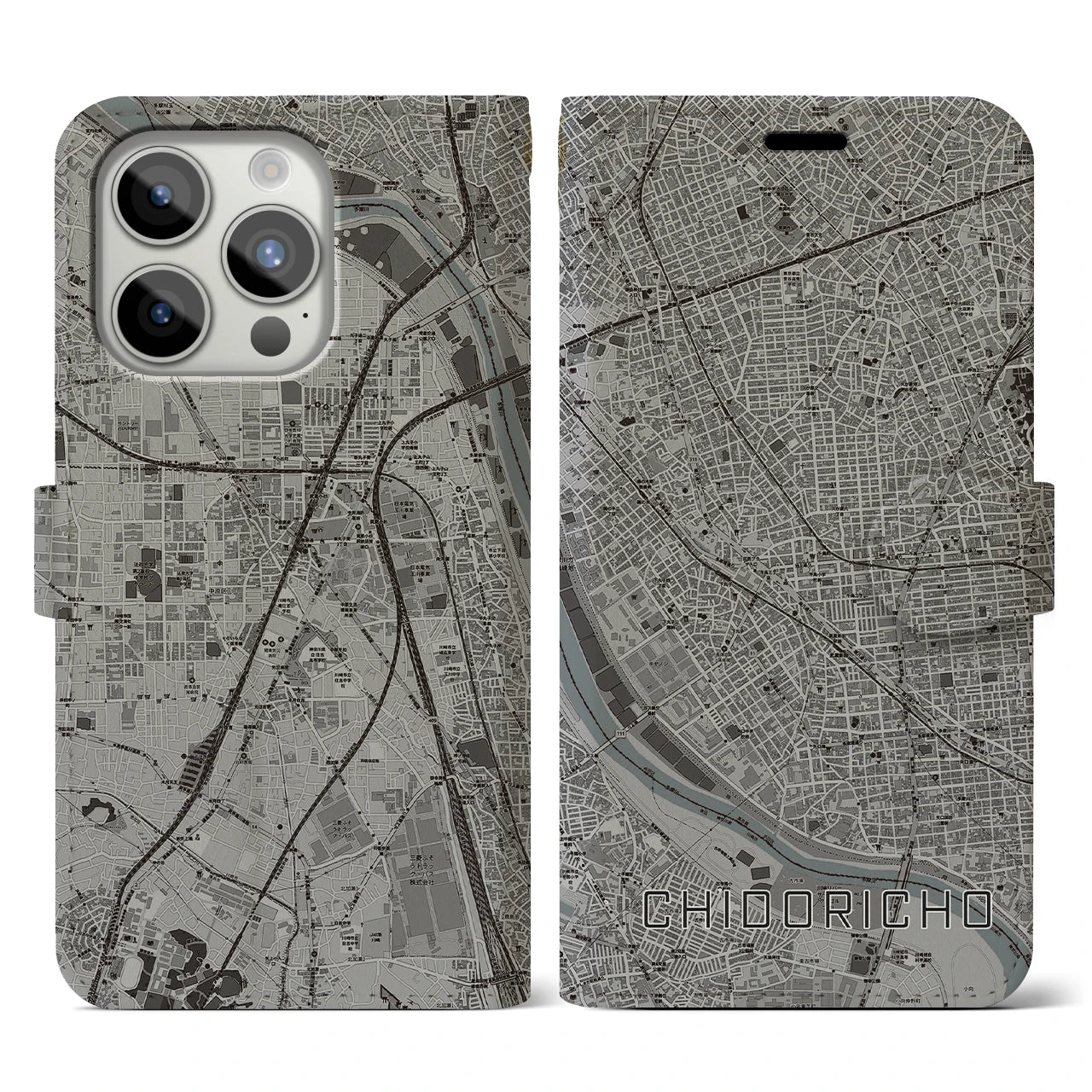 【千鳥町(東京都)】地図柄iPhoneケース(手帳タイプ)モノトーン・iPhone 15 Pro 用