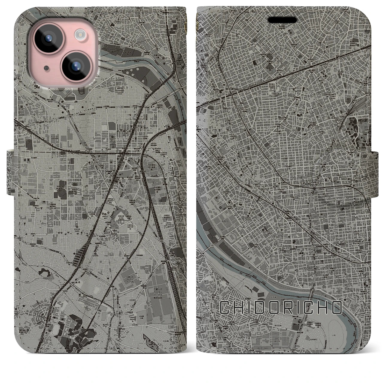 【千鳥町(東京都)】地図柄iPhoneケース(手帳タイプ)モノトーン・iPhone 15 Plus 用