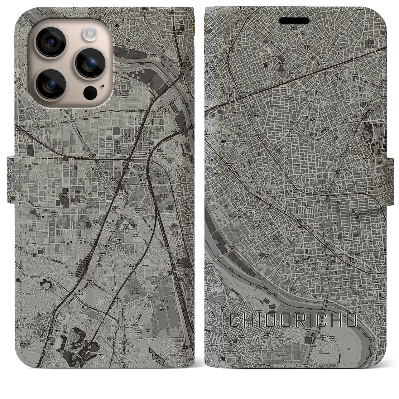 【千鳥町(東京都)】地図柄iPhoneケース(手帳タイプ)モノトーン・iPhone 16 Plus 用