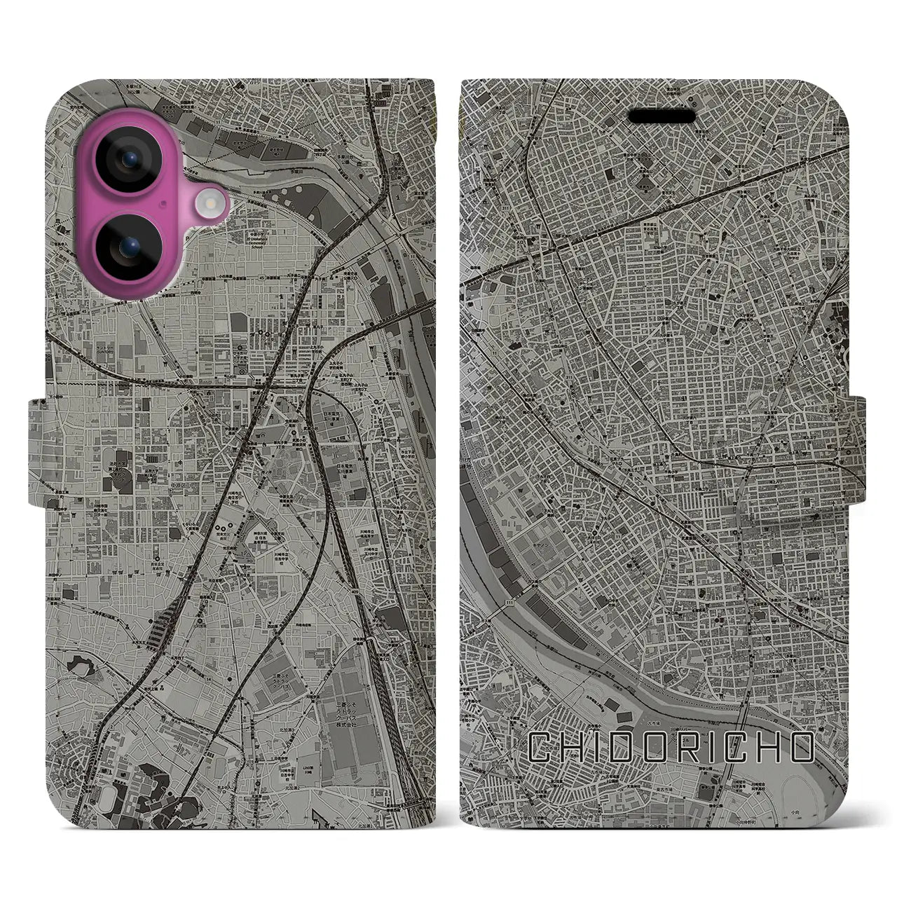 【千鳥町(東京都)】地図柄iPhoneケース(手帳タイプ)モノトーン・iPhone 16 Pro 用
