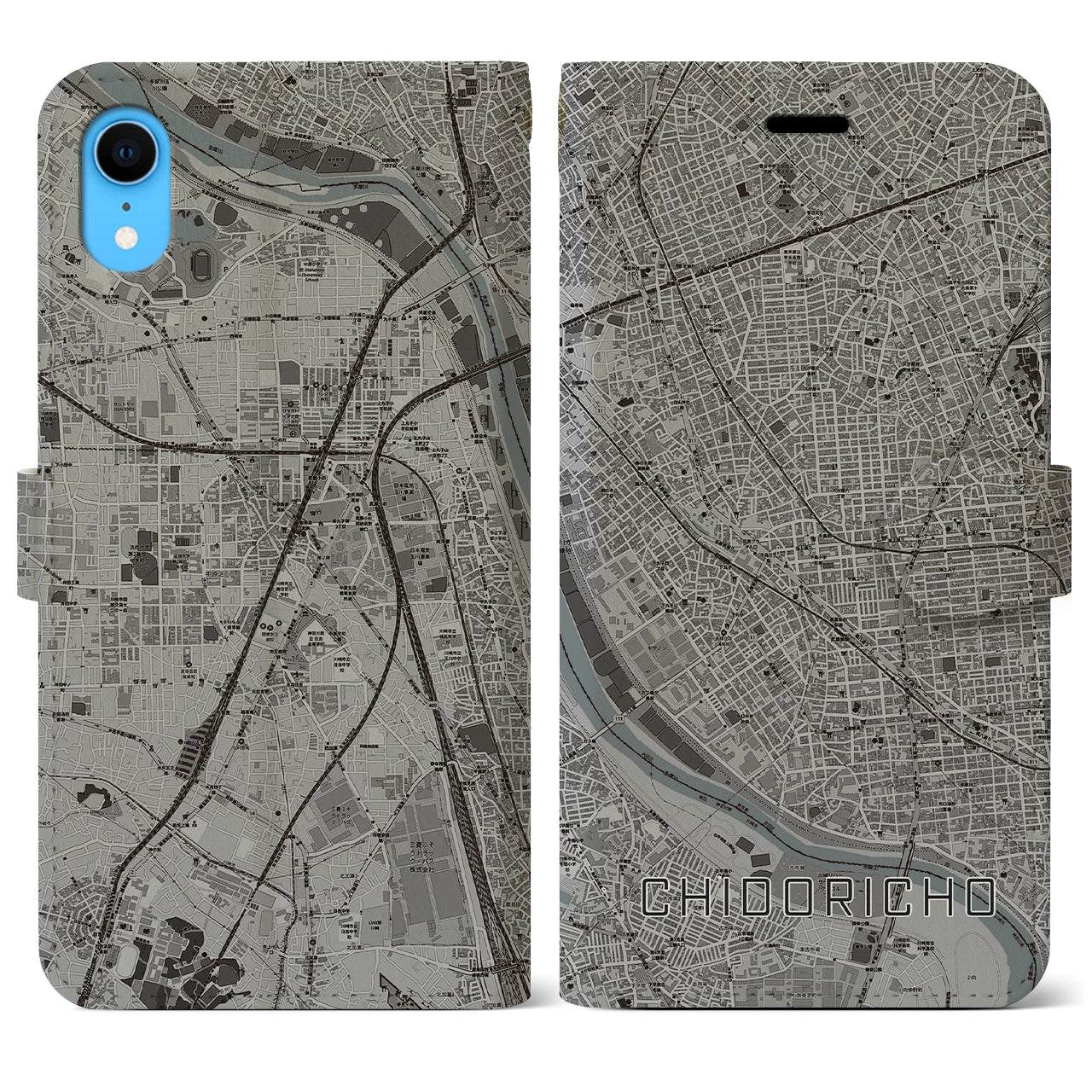 【千鳥町(東京都)】地図柄iPhoneケース(手帳タイプ)モノトーン・iPhone XR 用