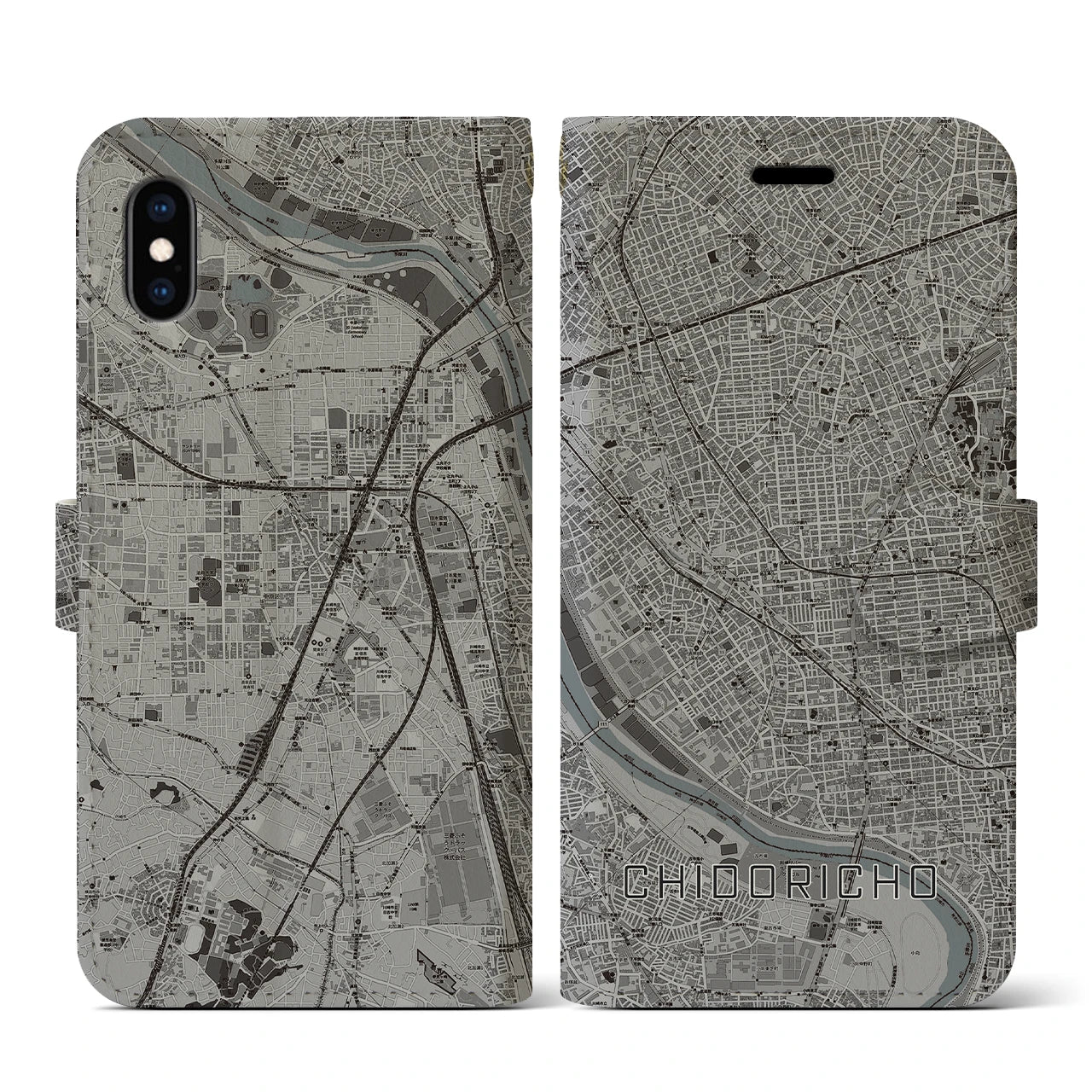 【千鳥町(東京都)】地図柄iPhoneケース(手帳タイプ)モノトーン・iPhone XS / X 用
