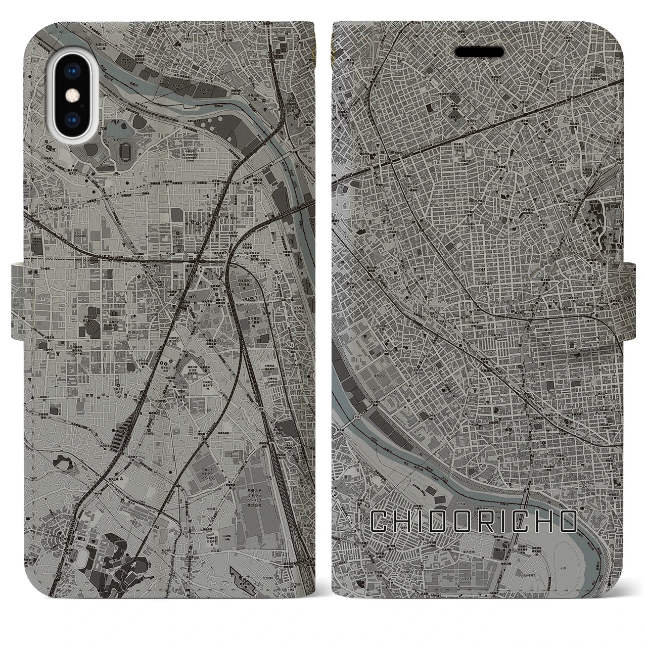 【千鳥町(東京都)】地図柄iPhoneケース(手帳タイプ)モノトーン・iPhone XS Max 用
