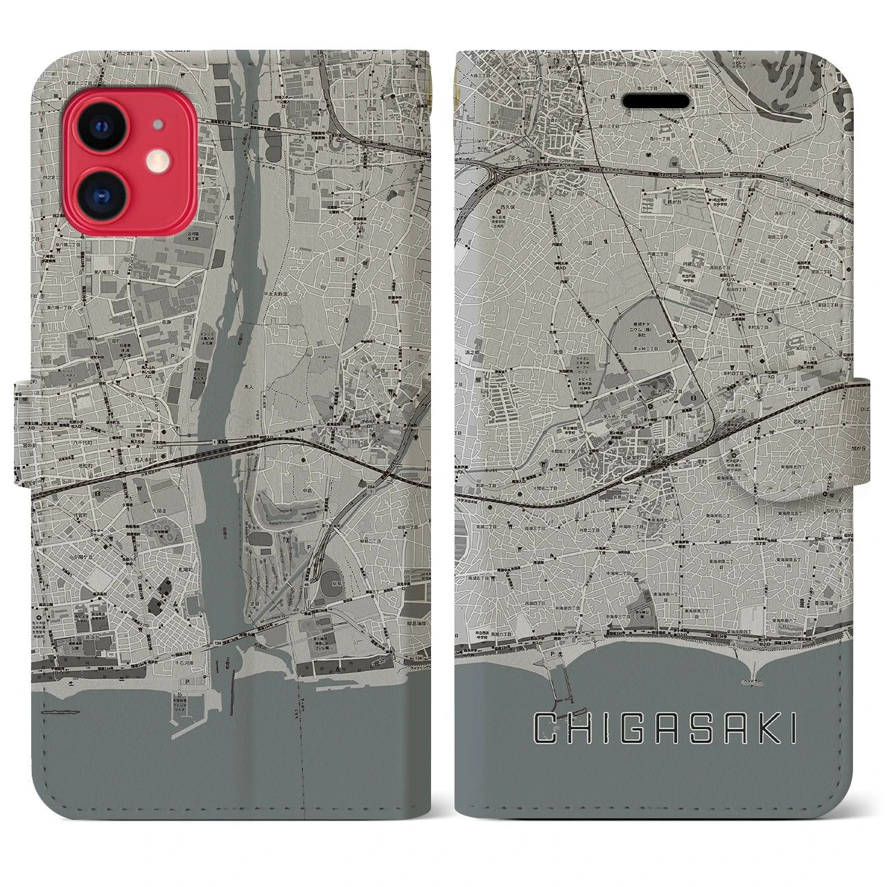 【茅ヶ崎2(神奈川県)】地図柄iPhoneケース(手帳タイプ)モノトーン・iPhone 11 用