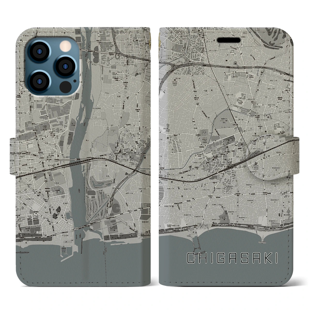 【茅ヶ崎2(神奈川県)】地図柄iPhoneケース(手帳タイプ)モノトーン・iPhone 12 / 12 Pro 用