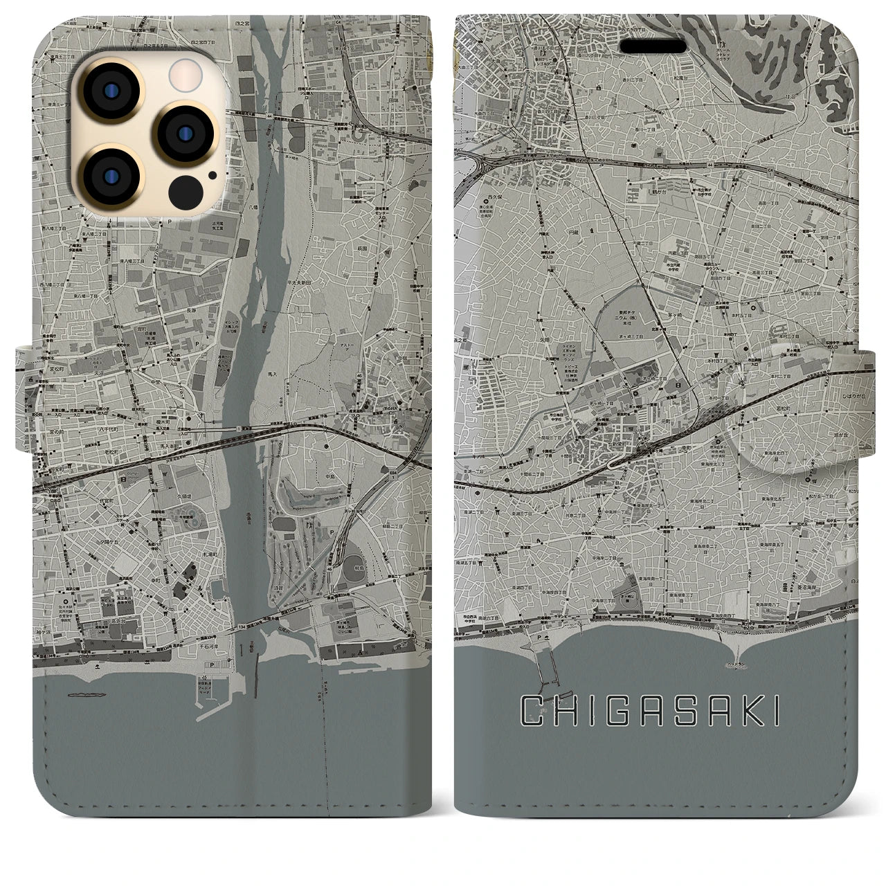 【茅ヶ崎2(神奈川県)】地図柄iPhoneケース(手帳タイプ)モノトーン・iPhone 12 Pro Max 用