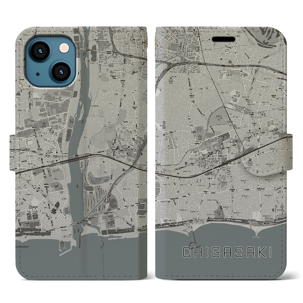 【茅ヶ崎2(神奈川県)】地図柄iPhoneケース(手帳タイプ)モノトーン・iPhone 13 用