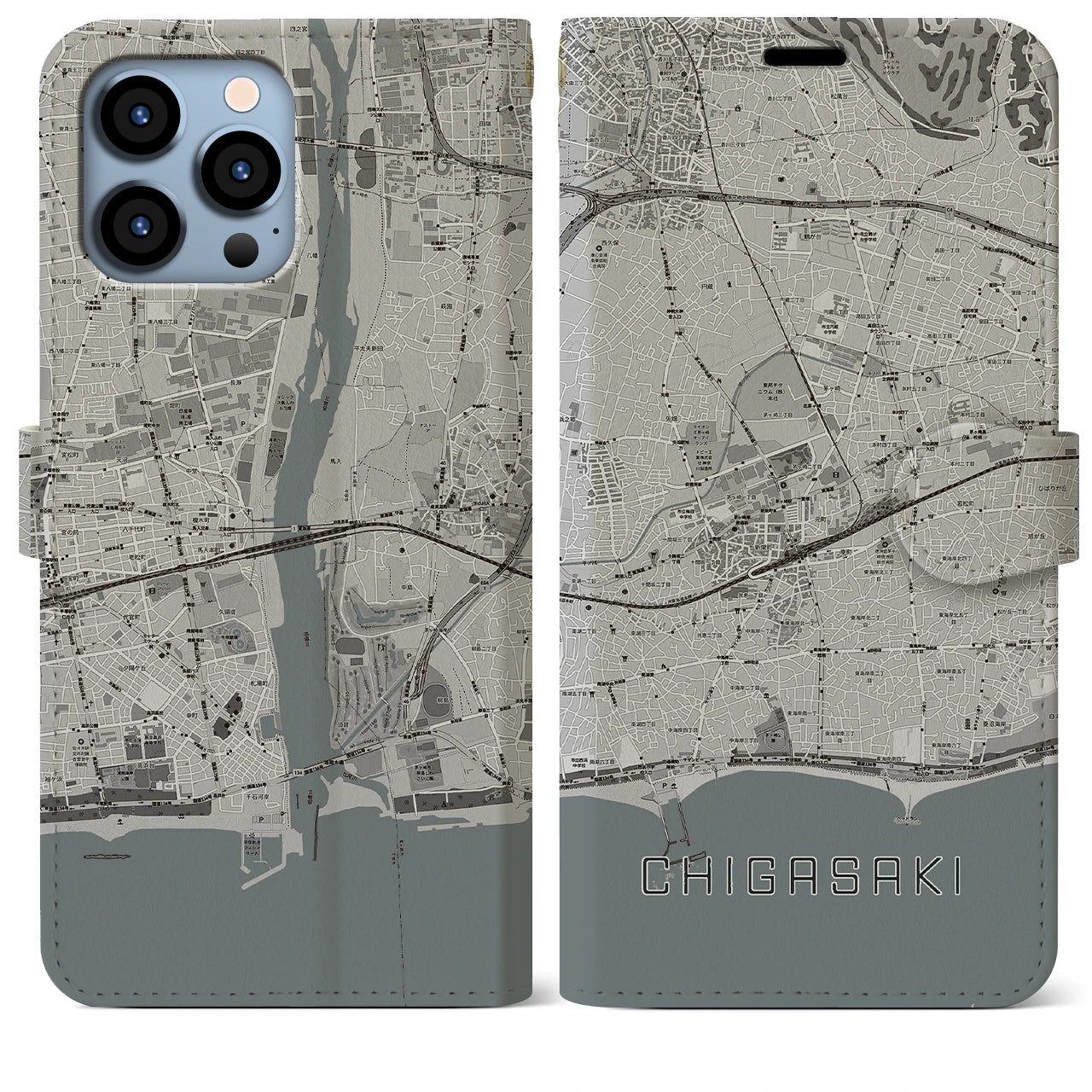 【茅ヶ崎2(神奈川県)】地図柄iPhoneケース(手帳タイプ)モノトーン・iPhone 13 Pro Max 用
