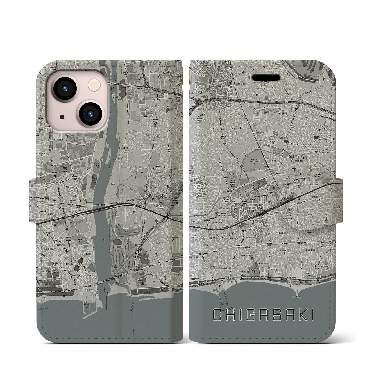 【茅ヶ崎2(神奈川県)】地図柄iPhoneケース(手帳タイプ)モノトーン・iPhone 13 mini 用