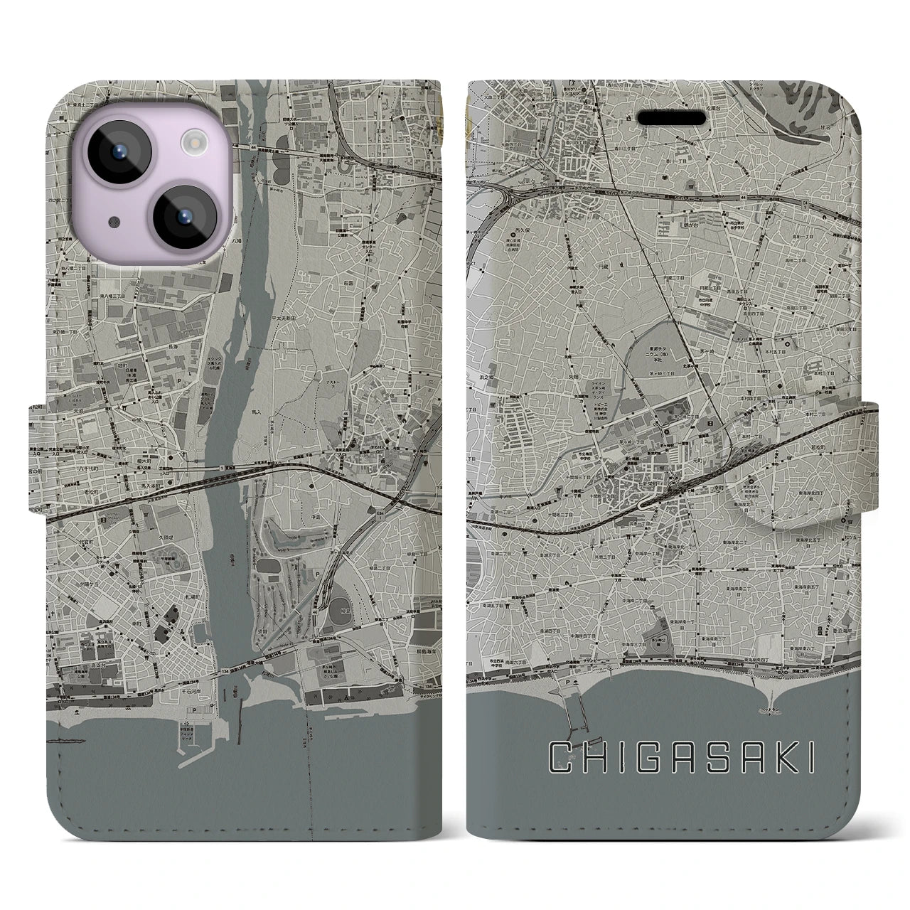 【茅ヶ崎2(神奈川県)】地図柄iPhoneケース(手帳タイプ)モノトーン・iPhone 14 用