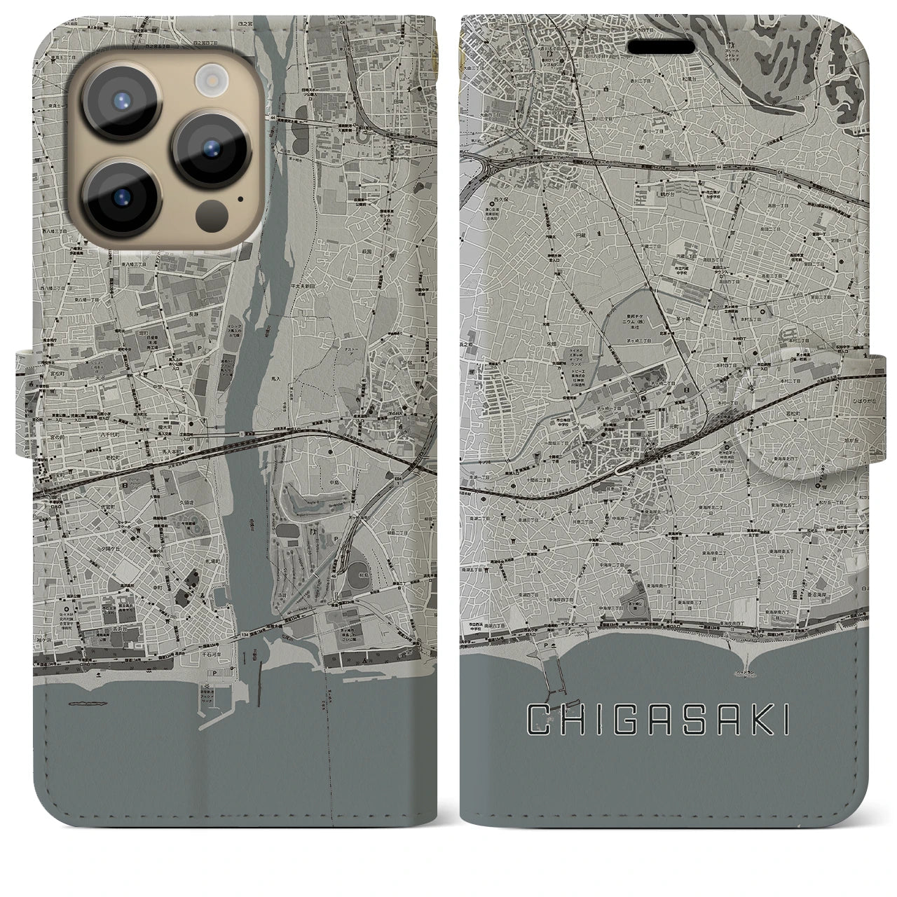【茅ヶ崎2(神奈川県)】地図柄iPhoneケース(手帳タイプ)モノトーン・iPhone 14 Pro Max 用