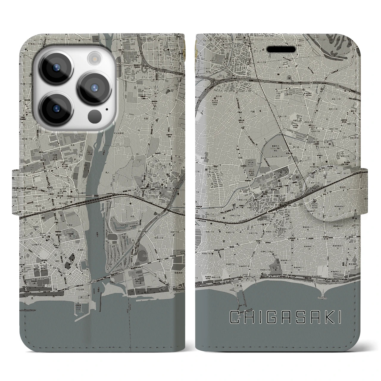 【茅ヶ崎2(神奈川県)】地図柄iPhoneケース(手帳タイプ)モノトーン・iPhone 14 Pro 用
