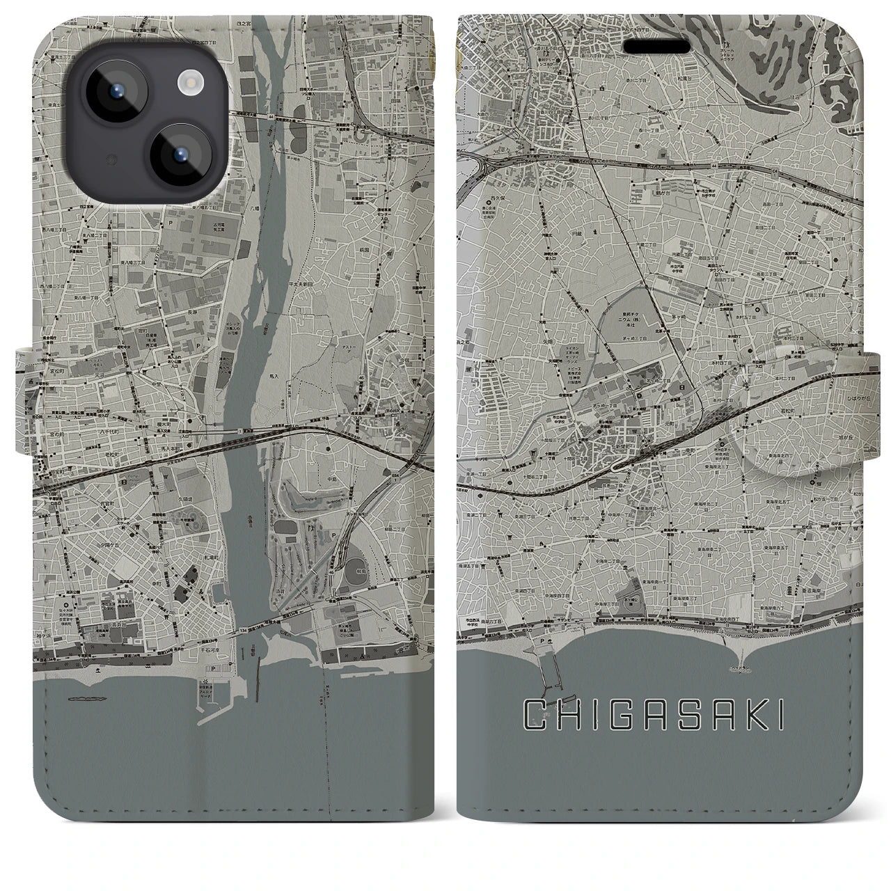 【茅ヶ崎2(神奈川県)】地図柄iPhoneケース(手帳タイプ)モノトーン・iPhone 14 Plus 用