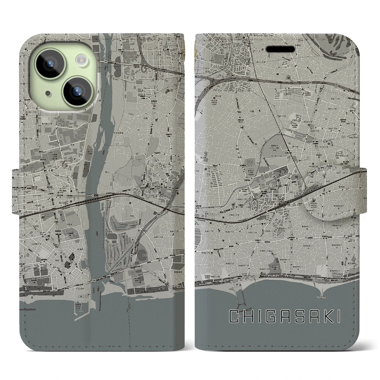 【茅ヶ崎2(神奈川県)】地図柄iPhoneケース(手帳タイプ)モノトーン・iPhone 15 用