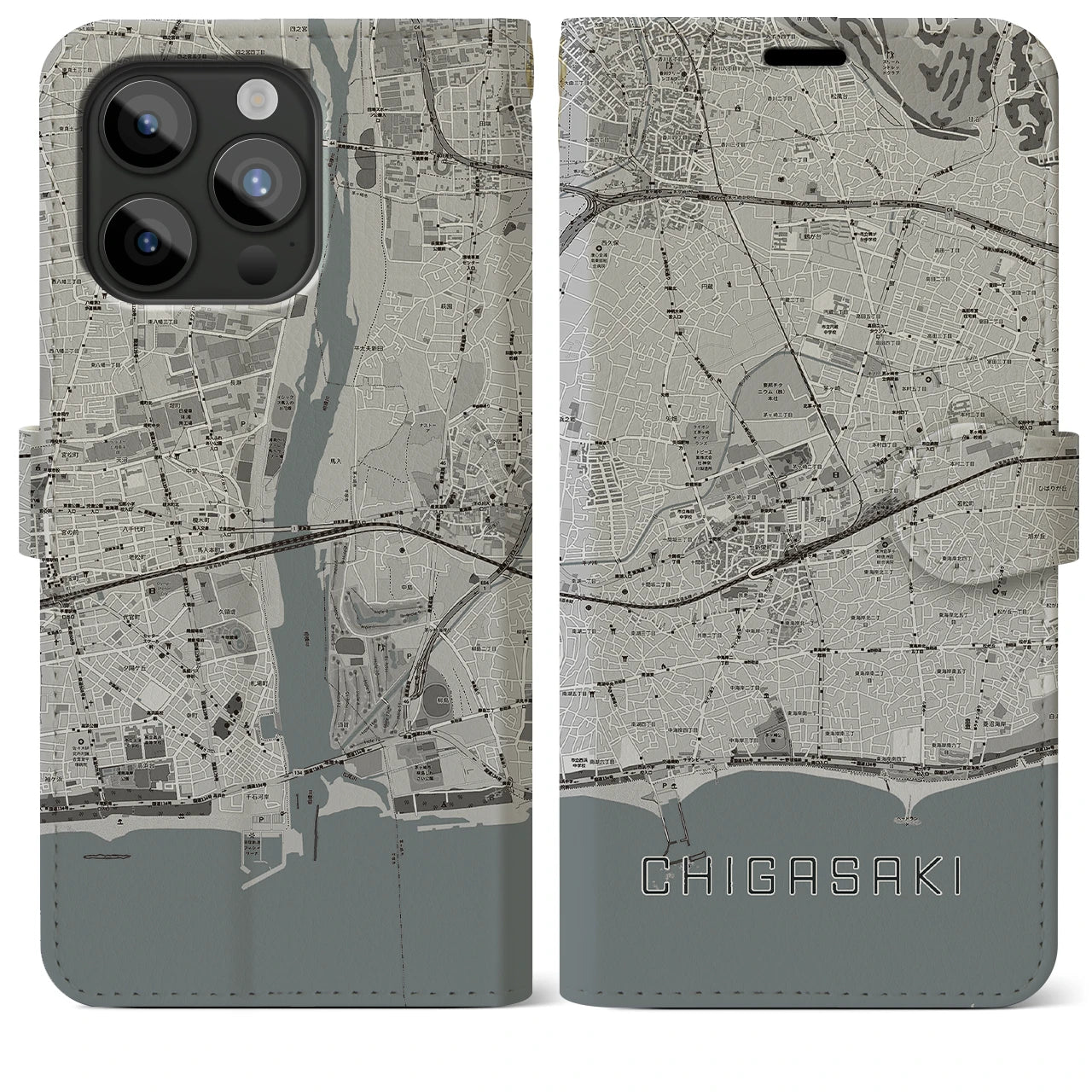 【茅ヶ崎2(神奈川県)】地図柄iPhoneケース(手帳タイプ)モノトーン・iPhone 15 Pro Max 用