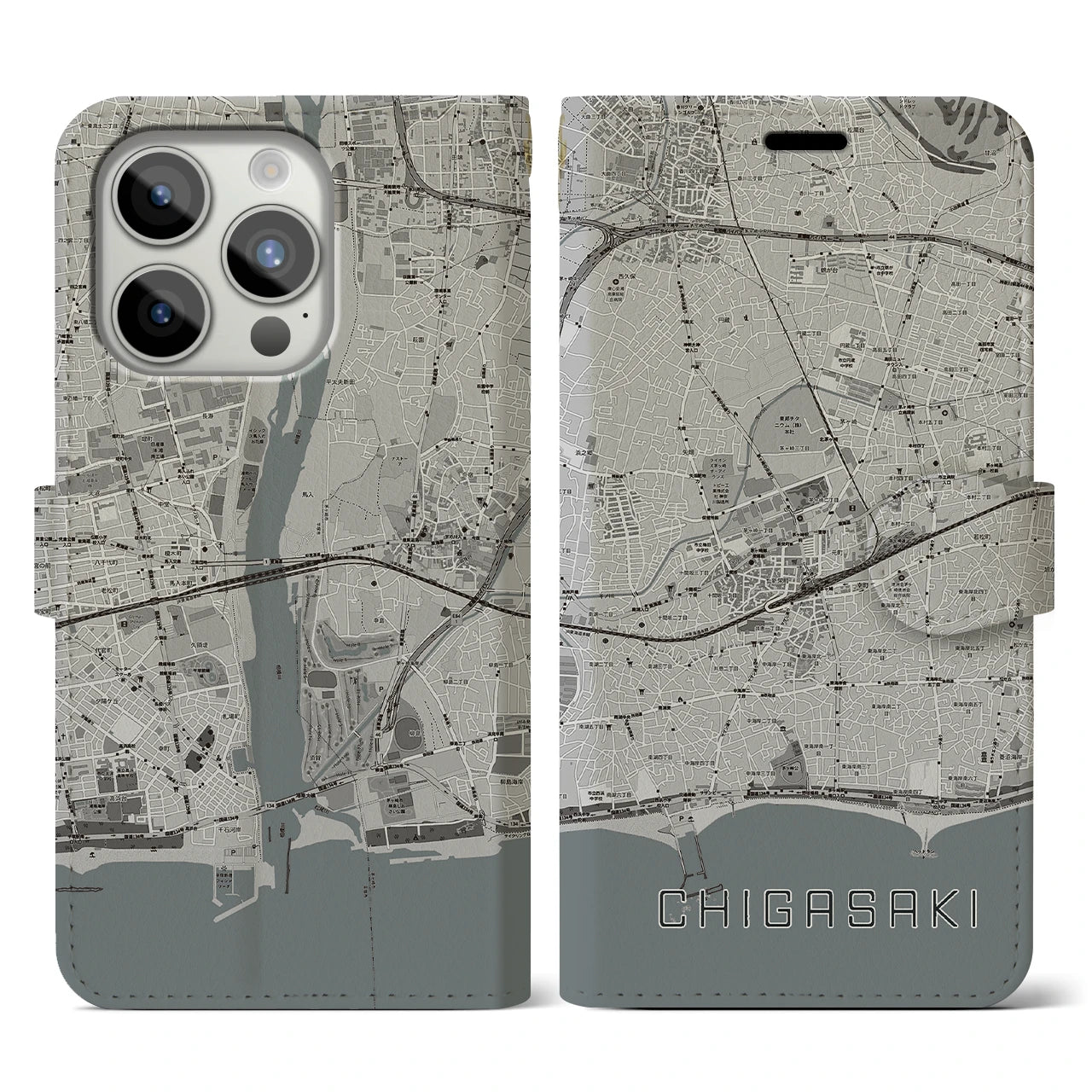 【茅ヶ崎2(神奈川県)】地図柄iPhoneケース(手帳タイプ)モノトーン・iPhone 15 Pro 用