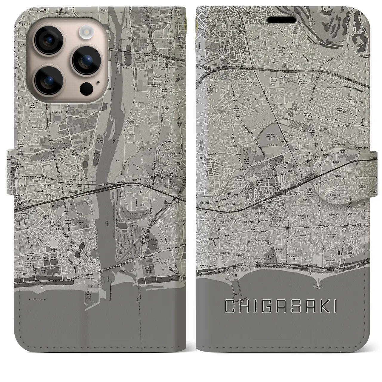 【茅ヶ崎2(神奈川県)】地図柄iPhoneケース(手帳タイプ)モノトーン・iPhone 16 Plus 用