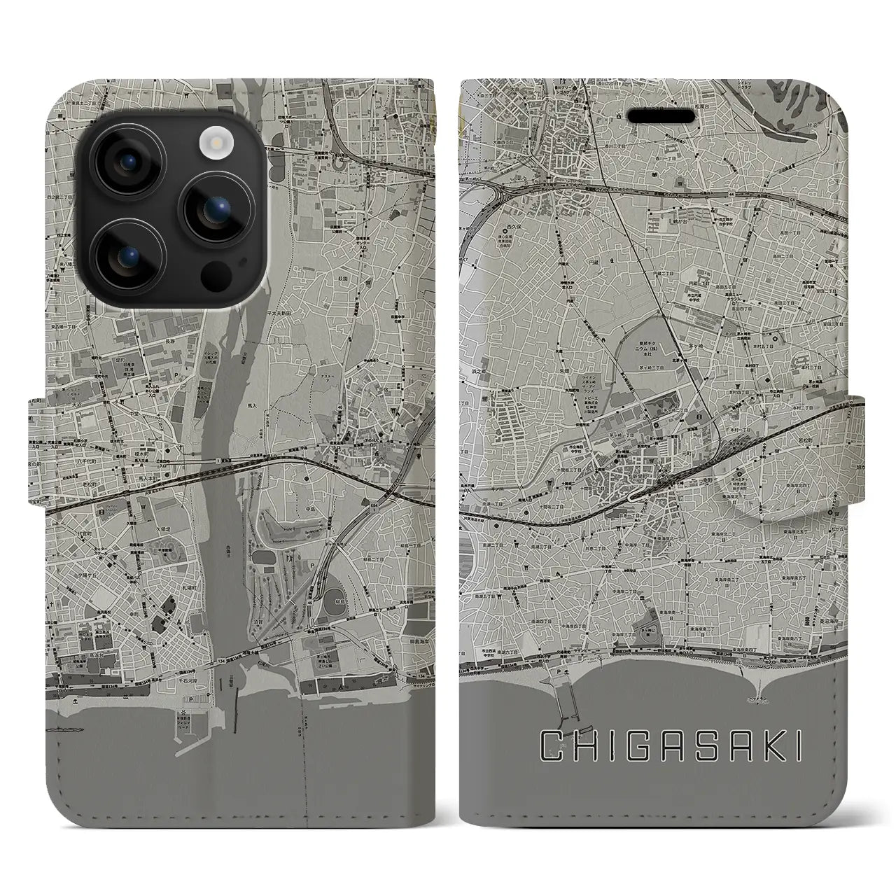 【茅ヶ崎2(神奈川県)】地図柄iPhoneケース(手帳タイプ)モノトーン・iPhone 16 用