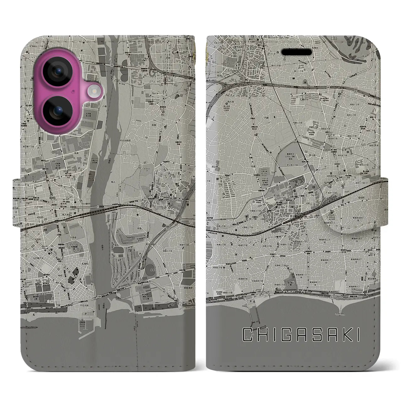 【茅ヶ崎2(神奈川県)】地図柄iPhoneケース(手帳タイプ)モノトーン・iPhone 16 Pro 用