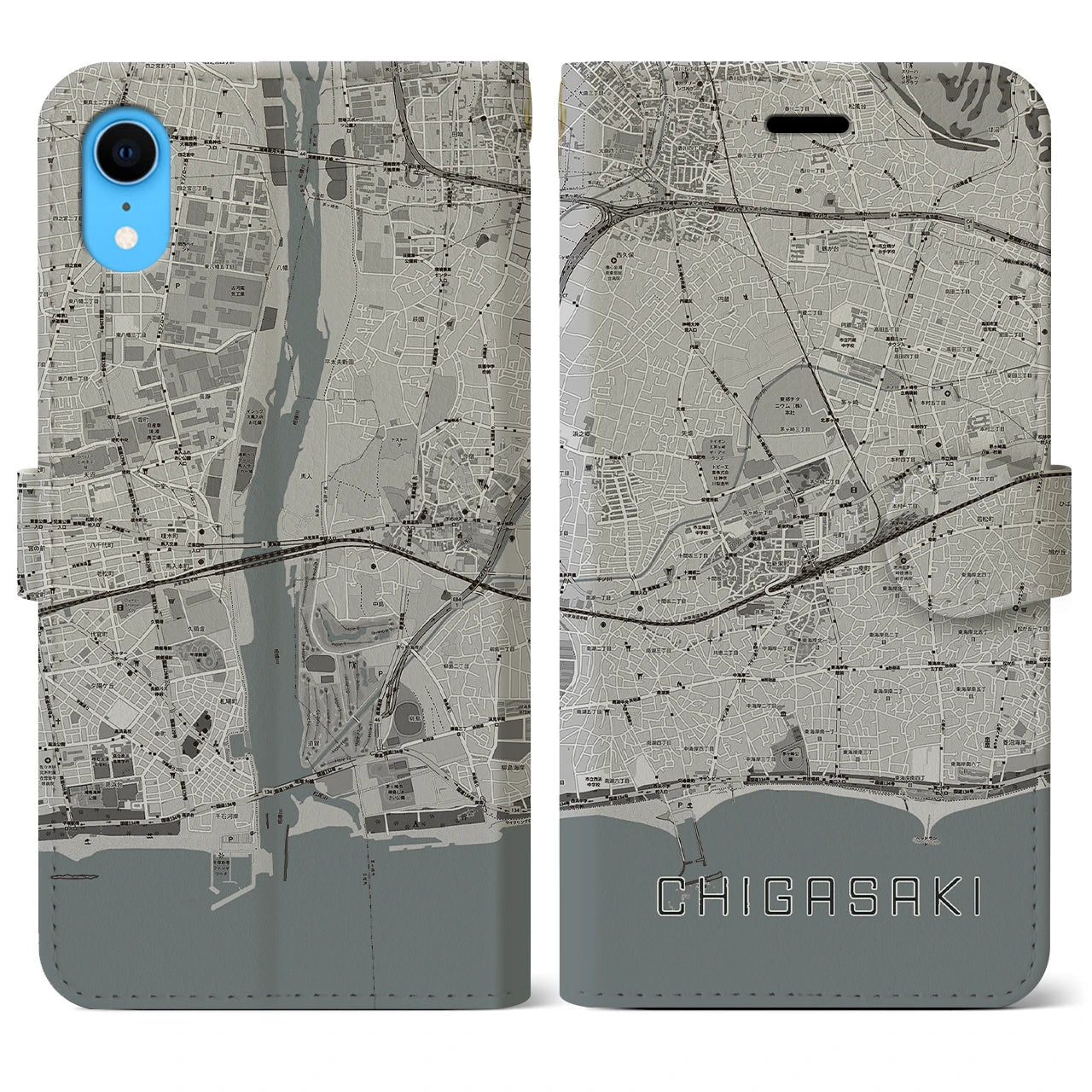 【茅ヶ崎2(神奈川県)】地図柄iPhoneケース(手帳タイプ)モノトーン・iPhone XR 用