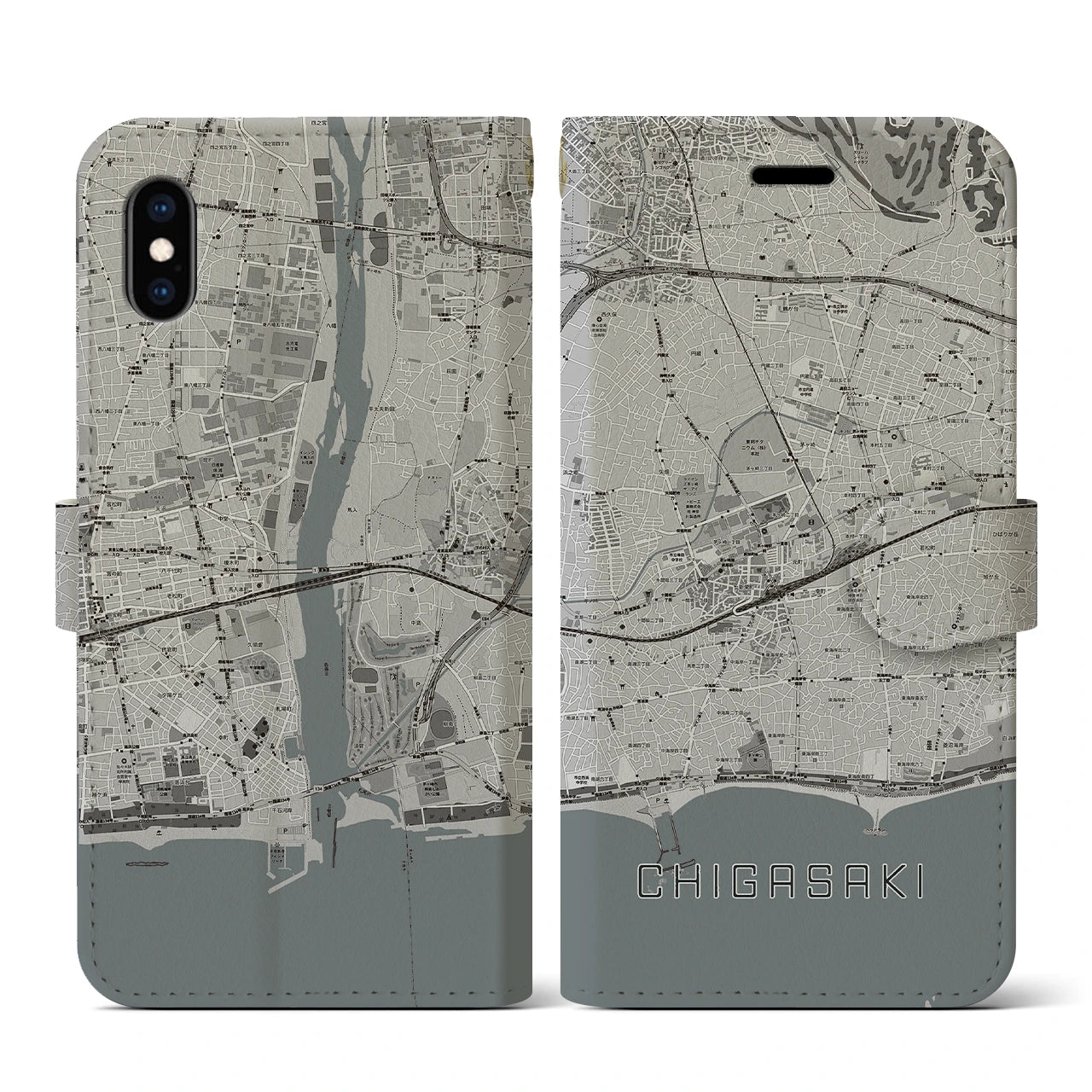 【茅ヶ崎2(神奈川県)】地図柄iPhoneケース(手帳タイプ)モノトーン・iPhone XS / X 用