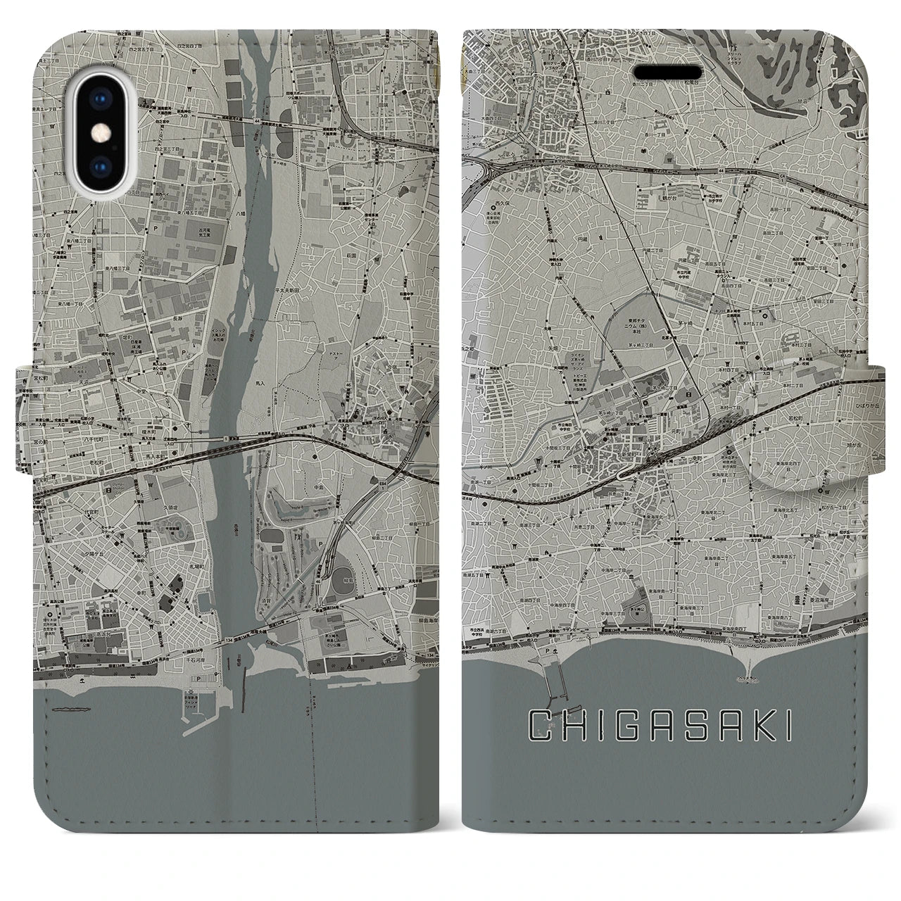 【茅ヶ崎2(神奈川県)】地図柄iPhoneケース(手帳タイプ)モノトーン・iPhone XS Max 用