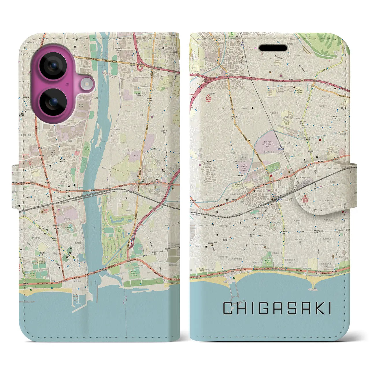 【茅ヶ崎2(神奈川県)】地図柄iPhoneケース(手帳タイプ)ナチュラル・iPhone 16 Pro 用