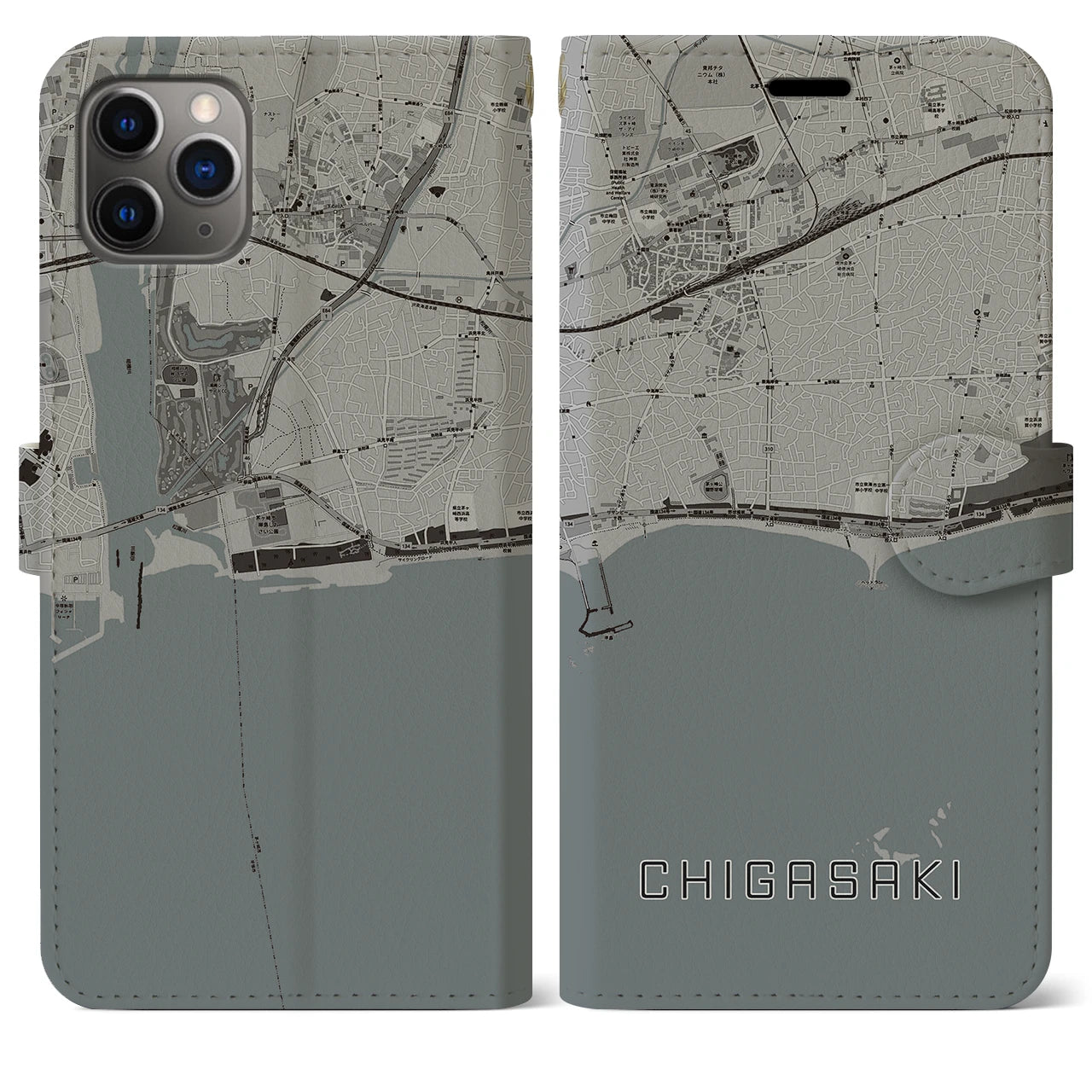 【茅ヶ崎(神奈川県)】地図柄iPhoneケース(手帳タイプ)モノトーン・iPhone 11 Pro Max 用