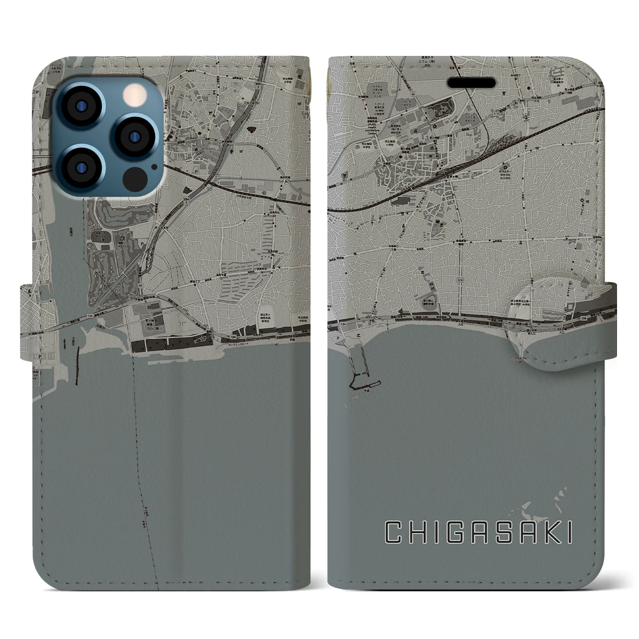 【茅ヶ崎(神奈川県)】地図柄iPhoneケース(手帳タイプ)モノトーン・iPhone 12 / 12 Pro 用