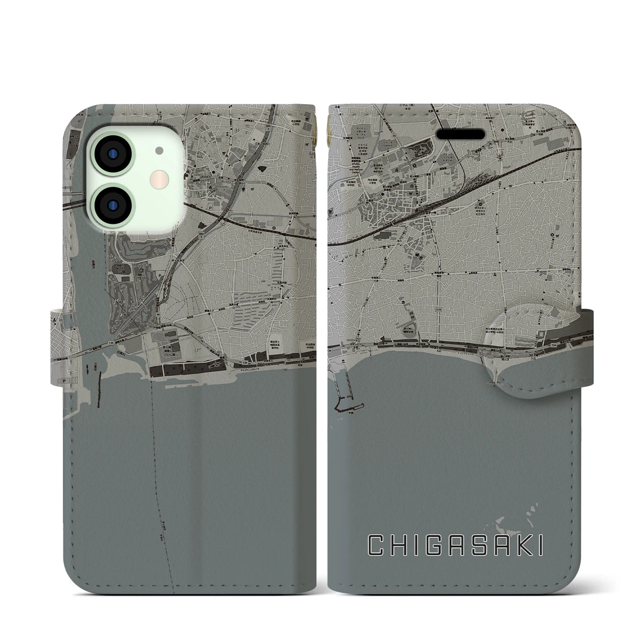 【茅ヶ崎(神奈川県)】地図柄iPhoneケース(手帳タイプ)モノトーン・iPhone 12 mini 用