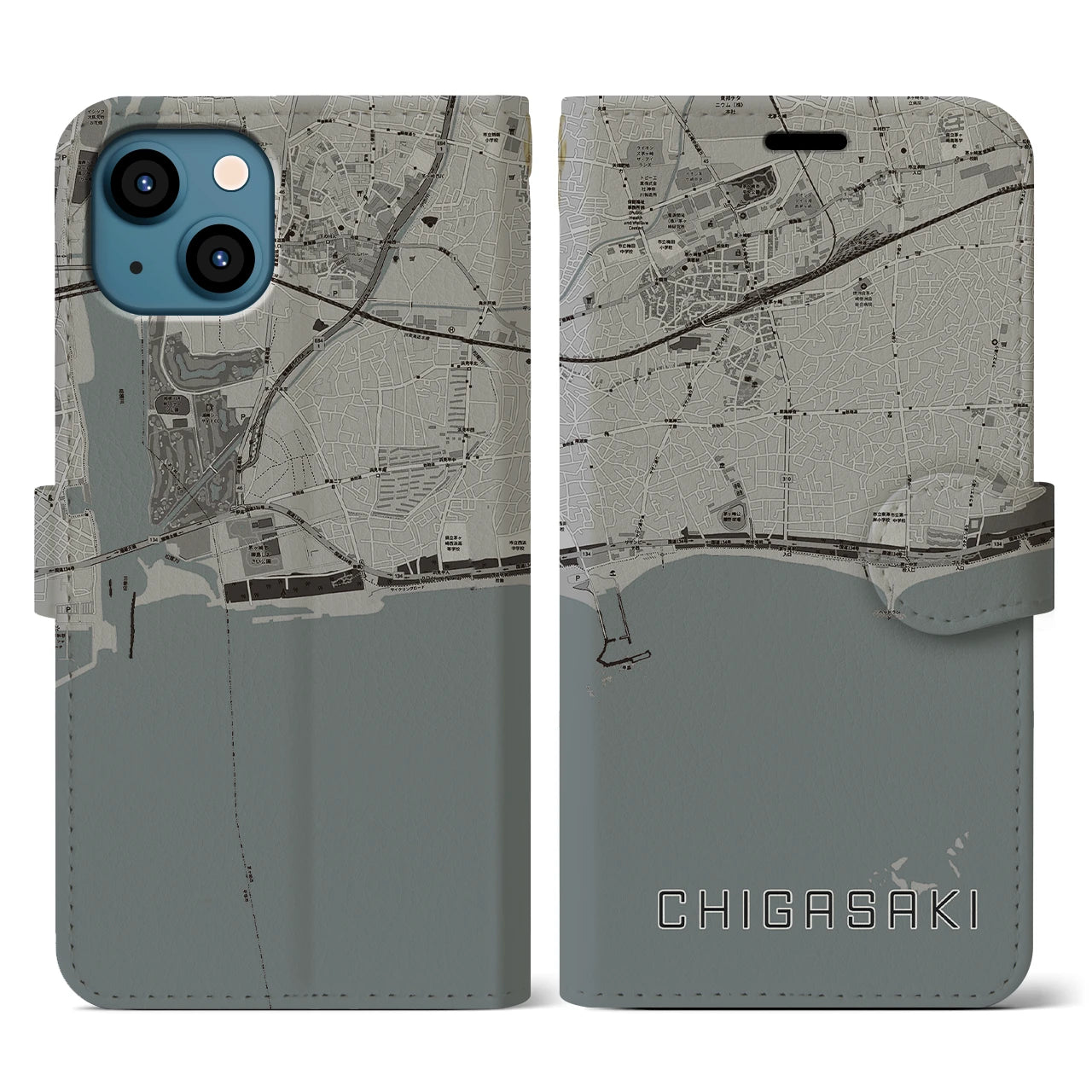 【茅ヶ崎(神奈川県)】地図柄iPhoneケース(手帳タイプ)モノトーン・iPhone 13 用