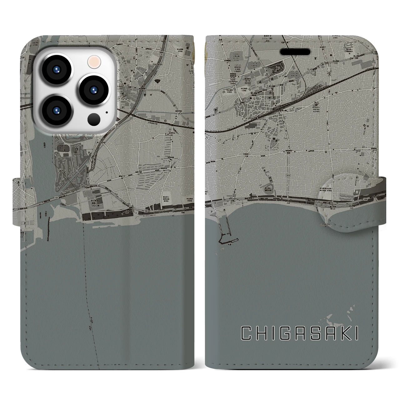 【茅ヶ崎(神奈川県)】地図柄iPhoneケース(手帳タイプ)モノトーン・iPhone 13 Pro 用