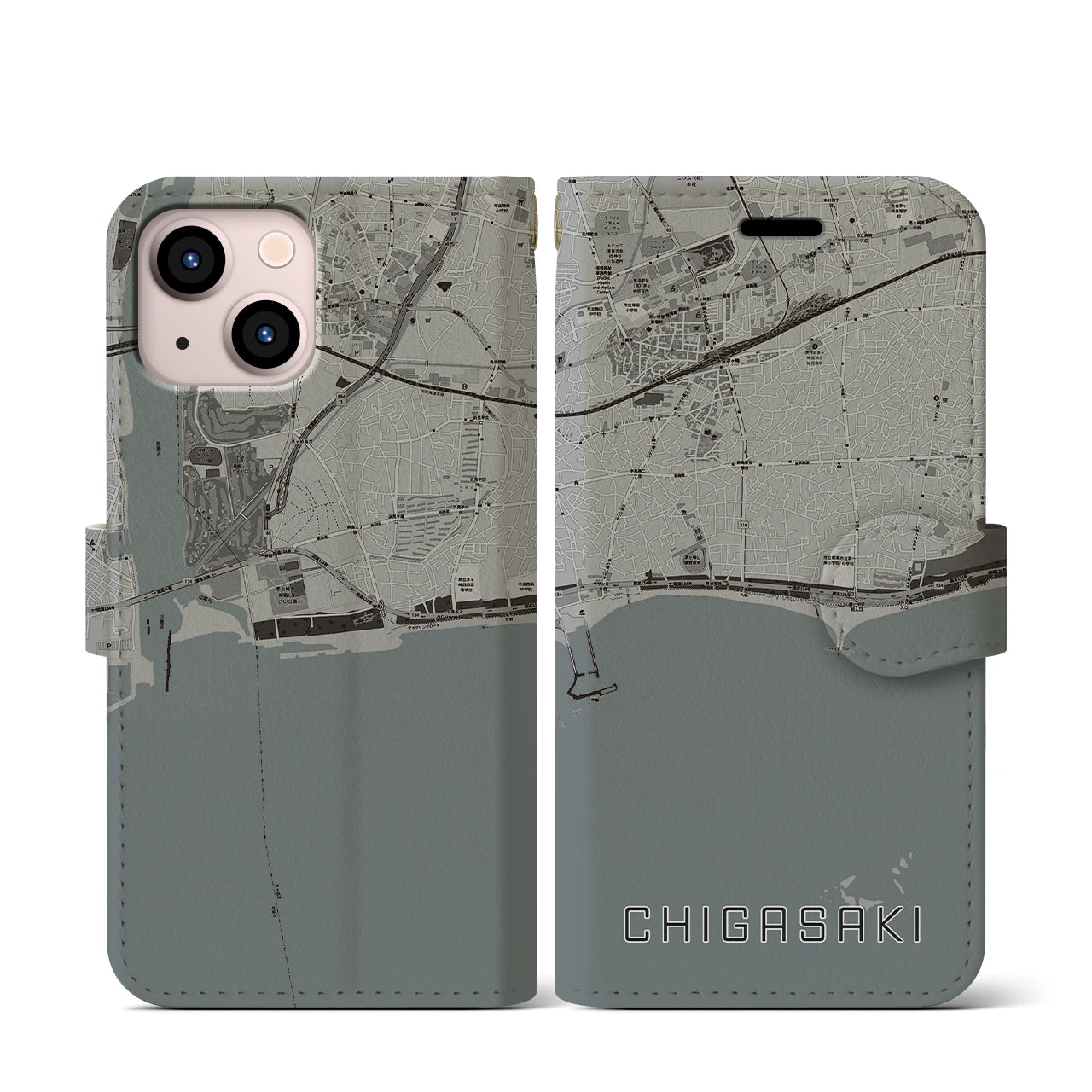 【茅ヶ崎(神奈川県)】地図柄iPhoneケース(手帳タイプ)モノトーン・iPhone 13 mini 用