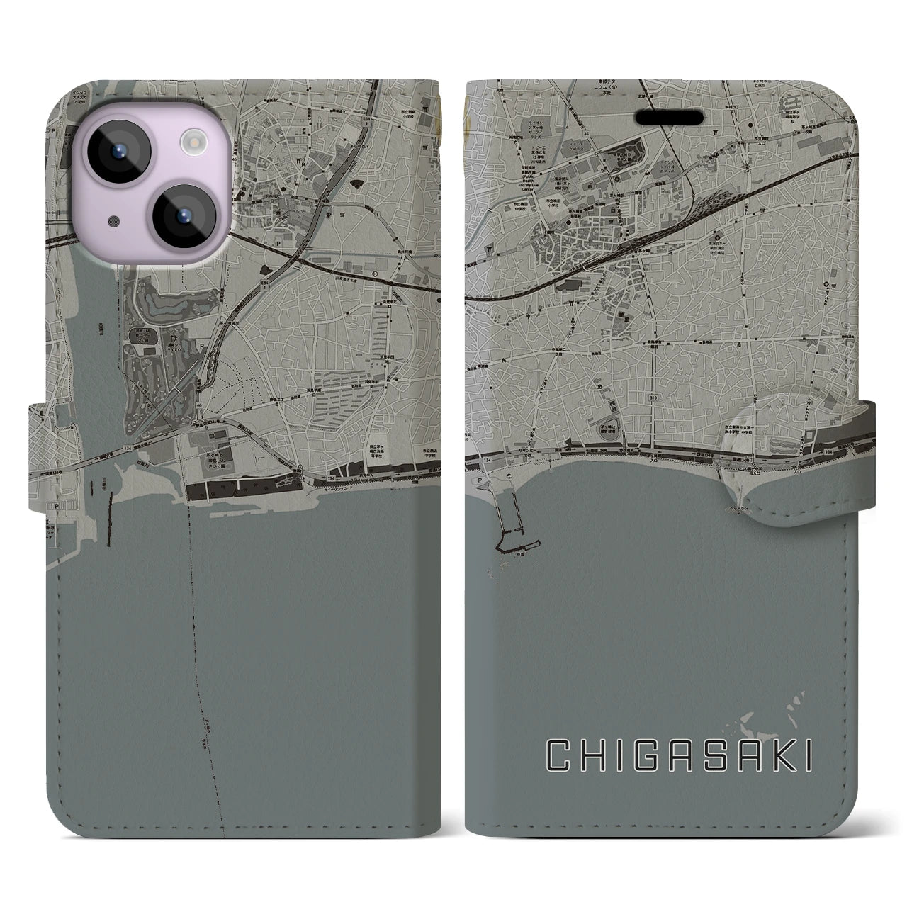 【茅ヶ崎(神奈川県)】地図柄iPhoneケース(手帳タイプ)モノトーン・iPhone 14 用