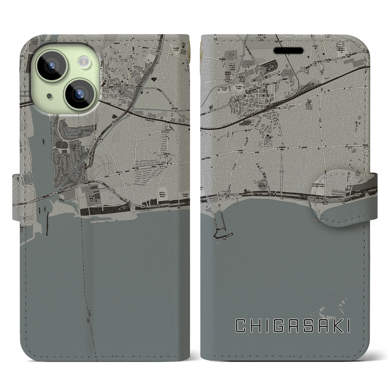 【茅ヶ崎(神奈川県)】地図柄iPhoneケース(手帳タイプ)モノトーン・iPhone 15 用