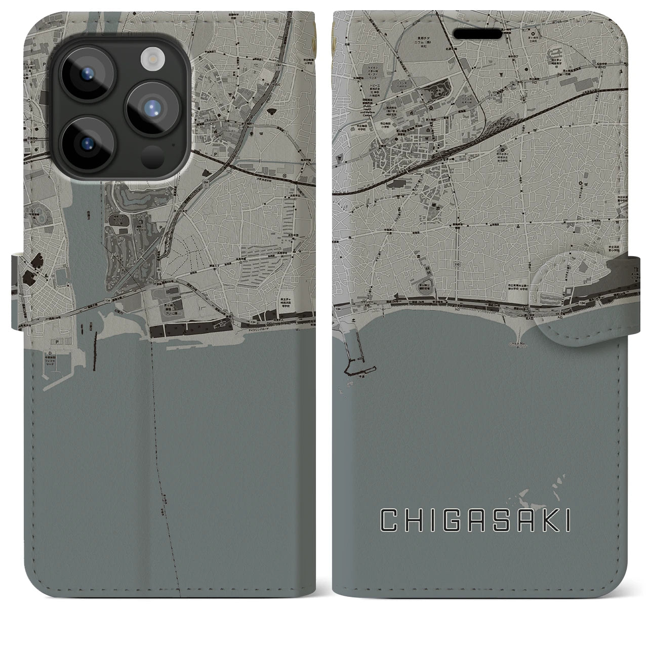 【茅ヶ崎(神奈川県)】地図柄iPhoneケース(手帳タイプ)モノトーン・iPhone 15 Pro Max 用