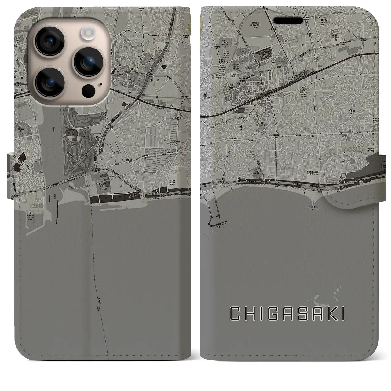 【茅ヶ崎(神奈川県)】地図柄iPhoneケース(手帳タイプ)モノトーン・iPhone 16 Plus 用