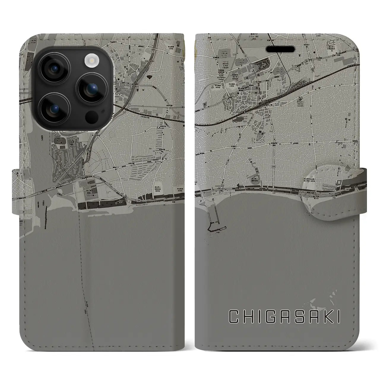 【茅ヶ崎(神奈川県)】地図柄iPhoneケース(手帳タイプ)モノトーン・iPhone 16 用