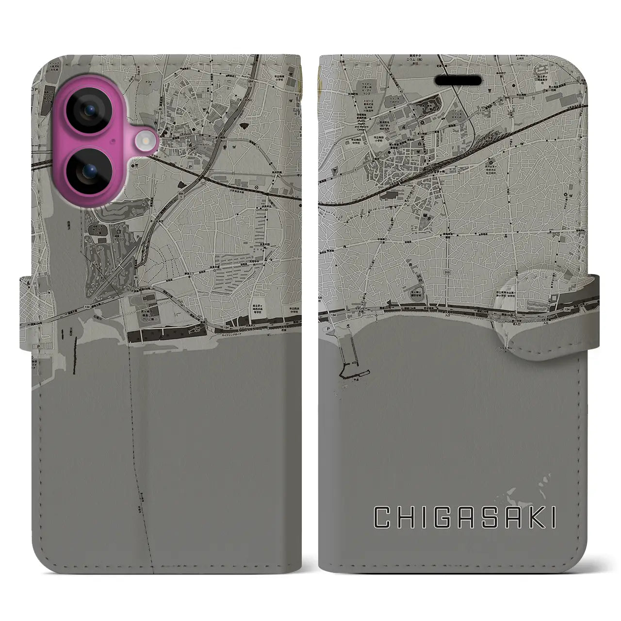 【茅ヶ崎(神奈川県)】地図柄iPhoneケース(手帳タイプ)モノトーン・iPhone 16 Pro 用