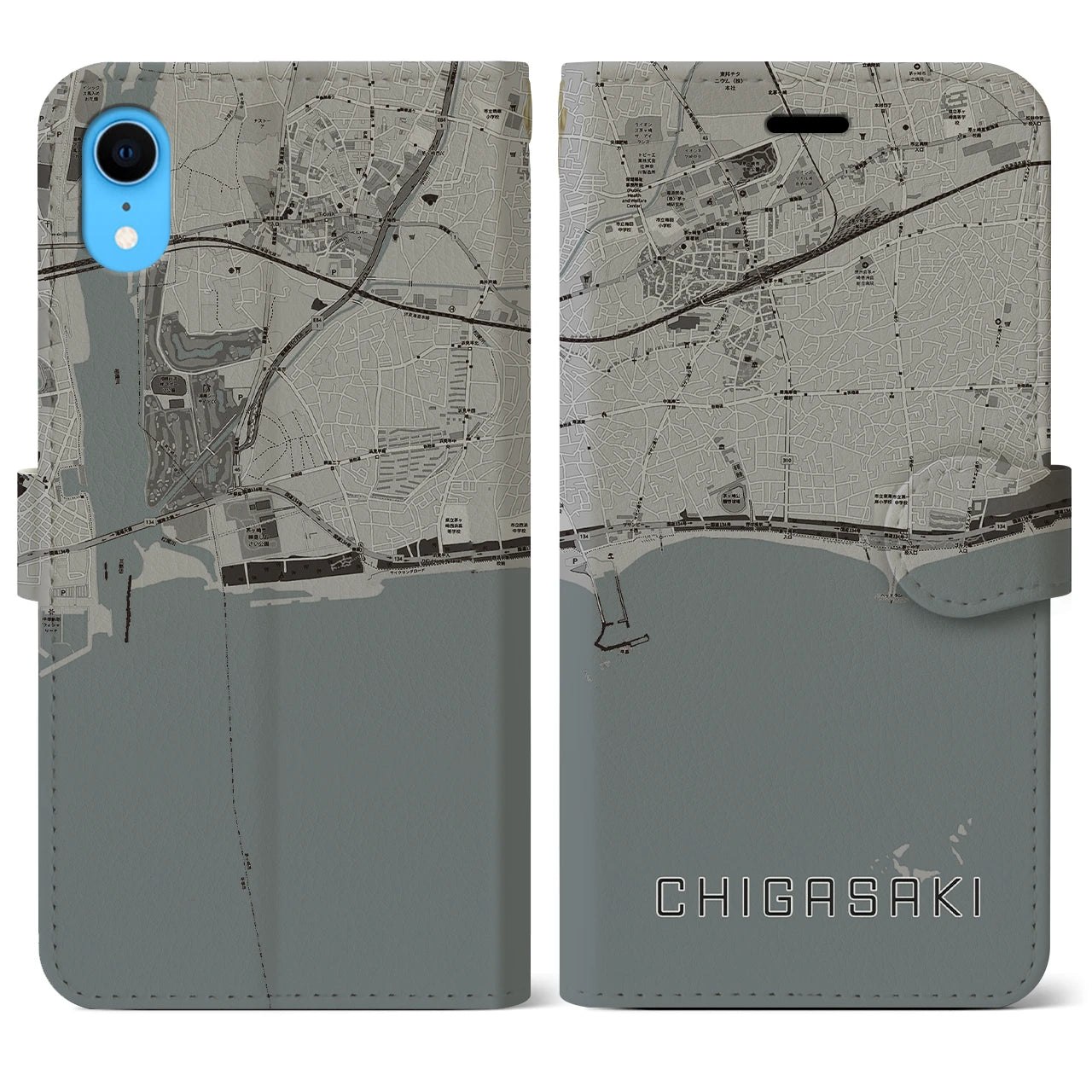【茅ヶ崎(神奈川県)】地図柄iPhoneケース(手帳タイプ)モノトーン・iPhone XR 用